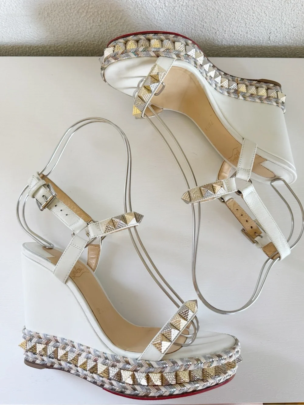 Christian Louboutin Pyraclou Latte White Studded Wedge Sandals Size EU 38